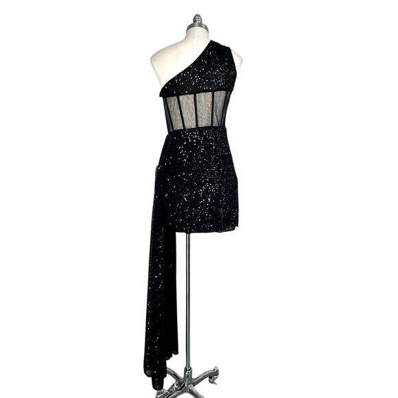 Mac Duggal One Shoulder Sequin Mini Dress Sheer Bustier Side Drape Black 20686 - Picture 16 of 16